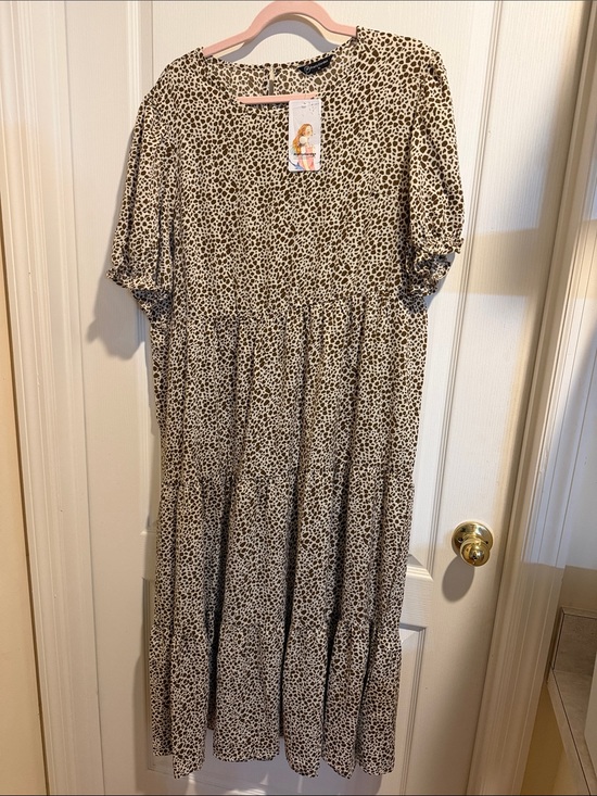 PrettyGarden Dresses & Skirts - Leopard Print Tiered Midi Dress - Cream & Black